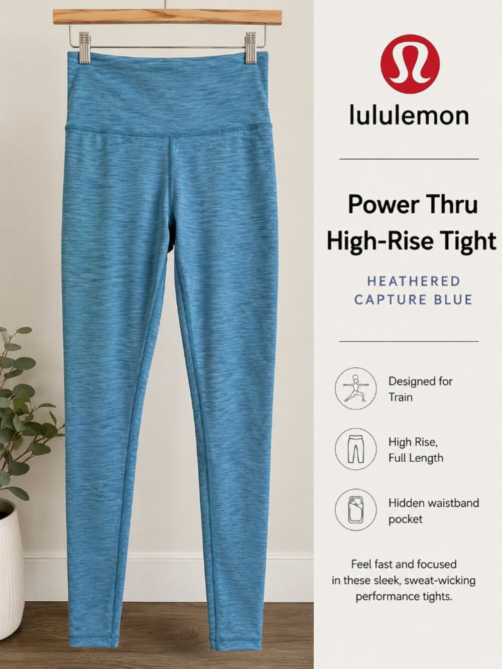Lululemon Power Thru High-Rise Tight in Heathered Capture Blue.
